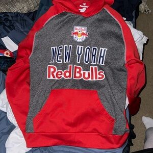 NY Red Bulls Men’s L Red Gray Soccer Hoodie Pullover Fleece Adidas Logo MLS